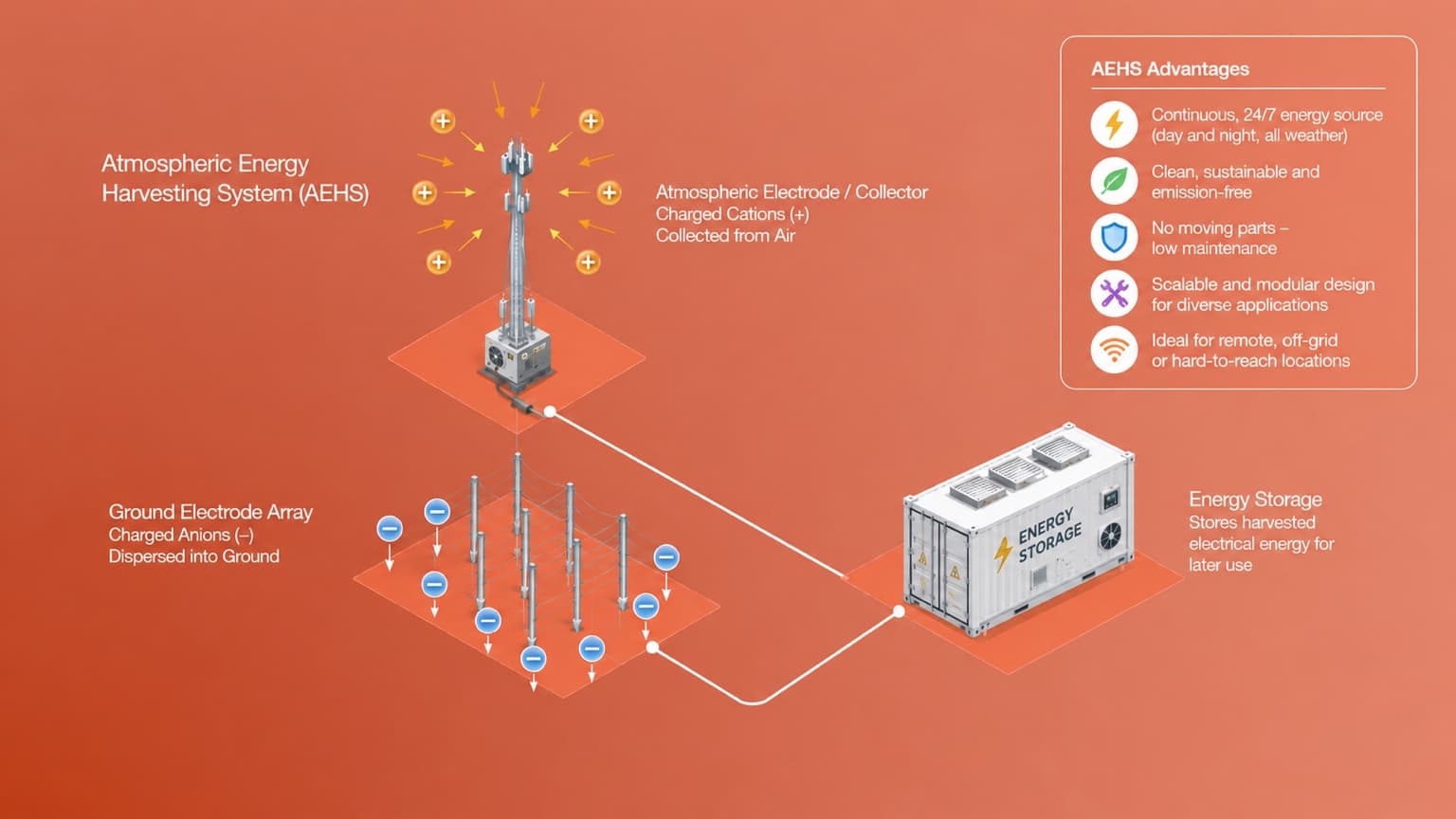 AEHS schematic — atmospheric electrode, ground array and energy storage system diagram