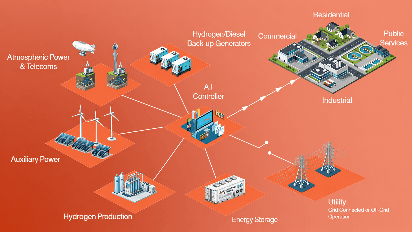 Multi-Energy Hub system overview diagram — renewable power, hydrogen production, storage and AI control integration